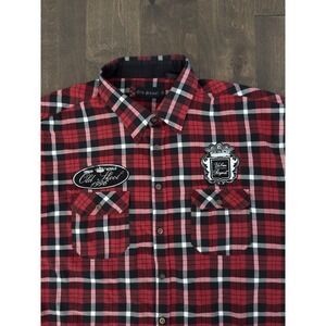 Vintage Old Skool Men's Button Down Red Plaid Shirt Short Sleeve Patches Cotton